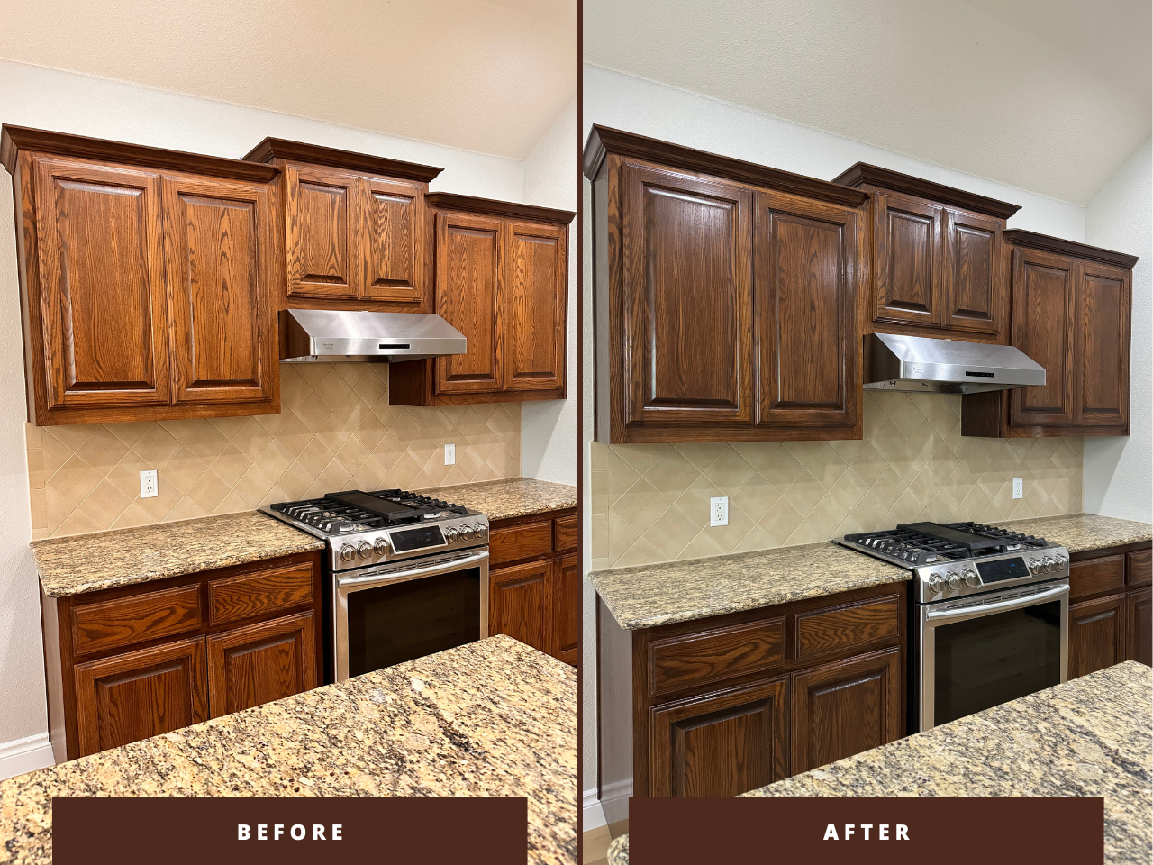 Before and after cabinet restaining transformation with rich walnut stain in an Austin kitchen