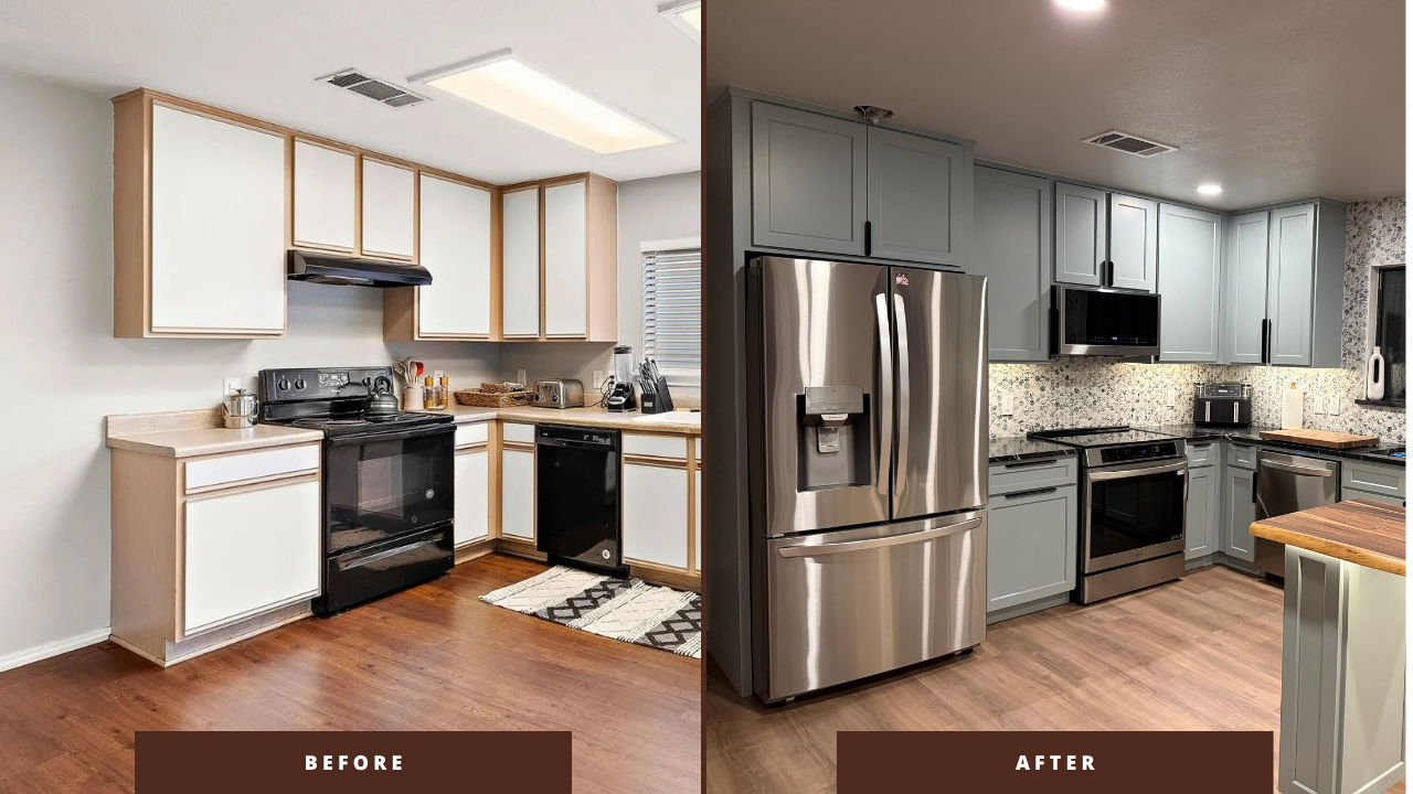 Kitchen remodel before and after — restored cabinetry and countertops in an Austin home
