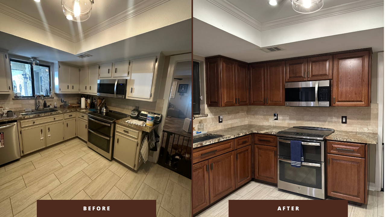 Before and after kitchen transformation — sage cabinetry and custom backsplash in an Austin home