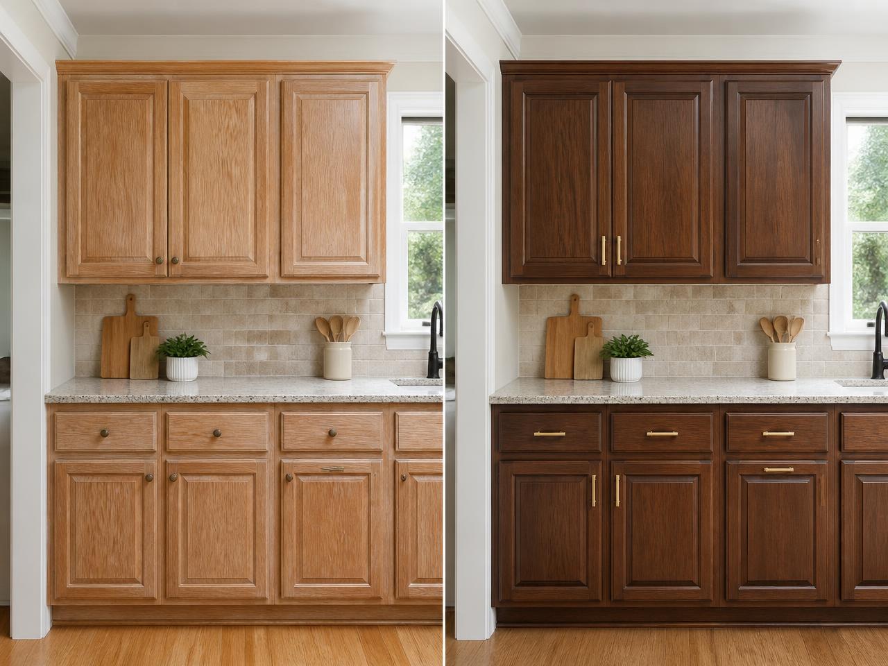 Before and after cabinet restaining: light oak cabinets transformed to rich warm walnut finish