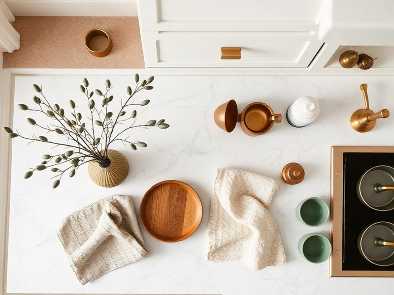 Curated kitchen workspace with marble counter and brass accessories