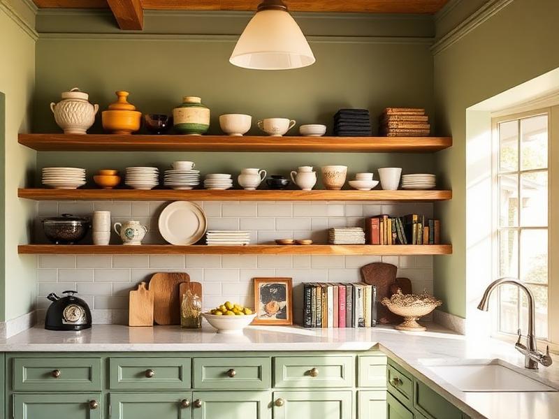 Sage green kitchen with open shelving styled with ceramics and cookbooks