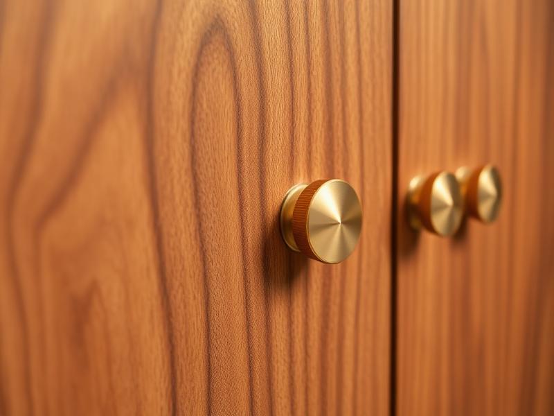 Natural wood grain detail with elegant brass cabinet hardware