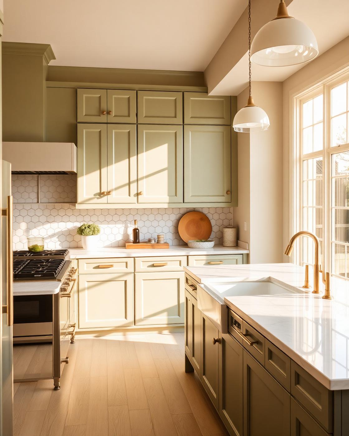 Warm, sun-drenched Austin kitchen with sage green cabinets and marble countertops