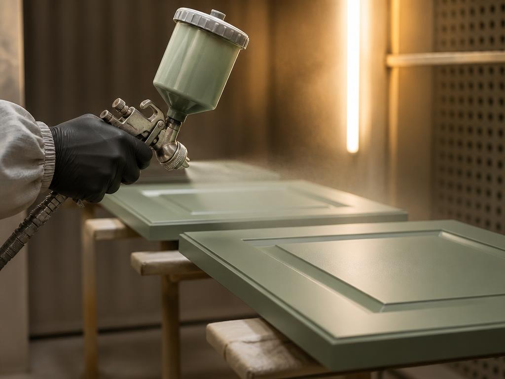 Craftsman spray-painting cabinet doors in a controlled workshop for a smooth finish