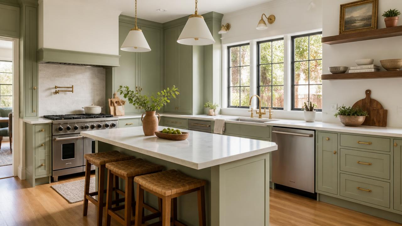 Freshly painted sage green kitchen cabinets with brass hardware