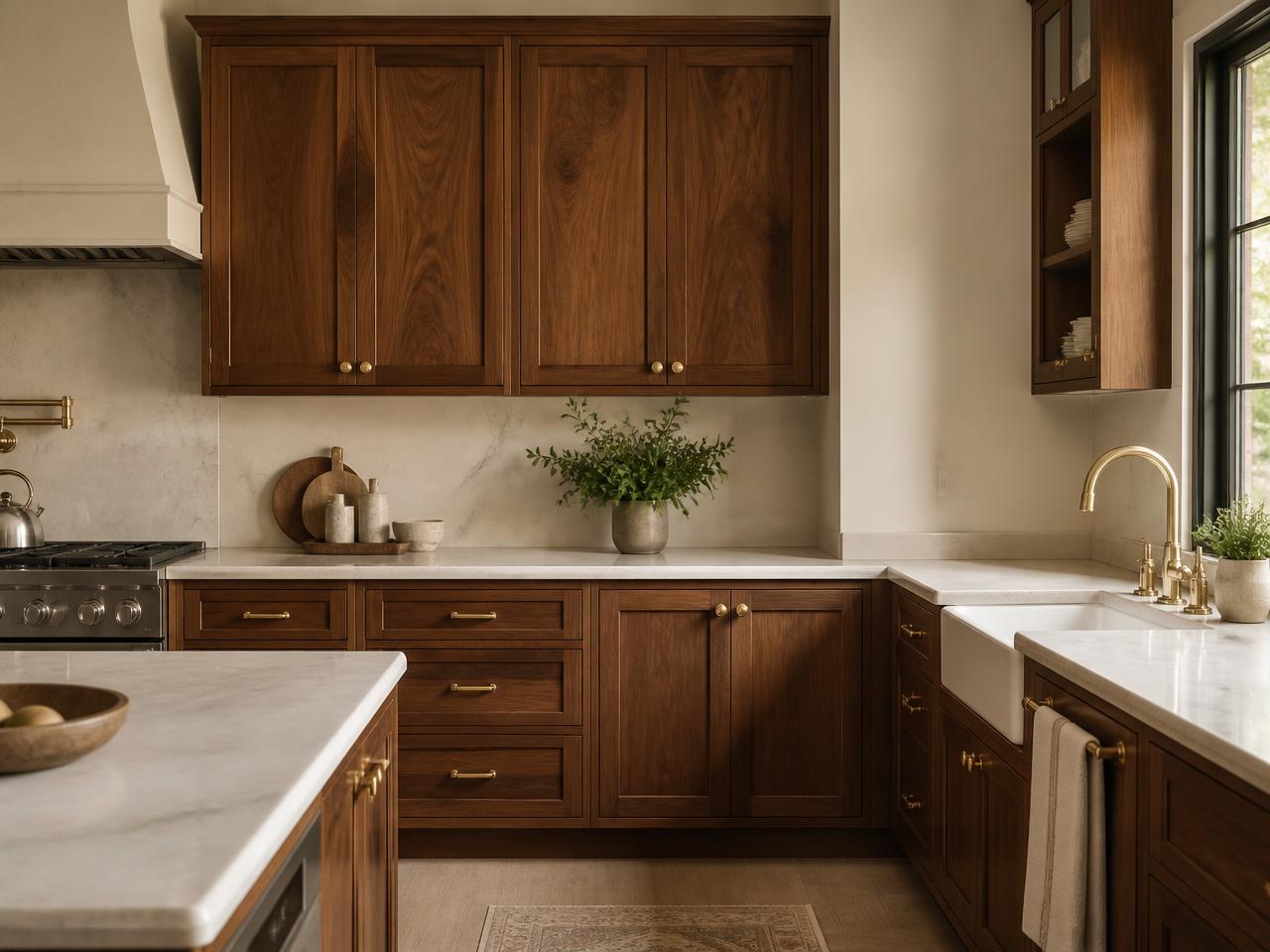 Restained walnut kitchen cabinets with rich wood grain