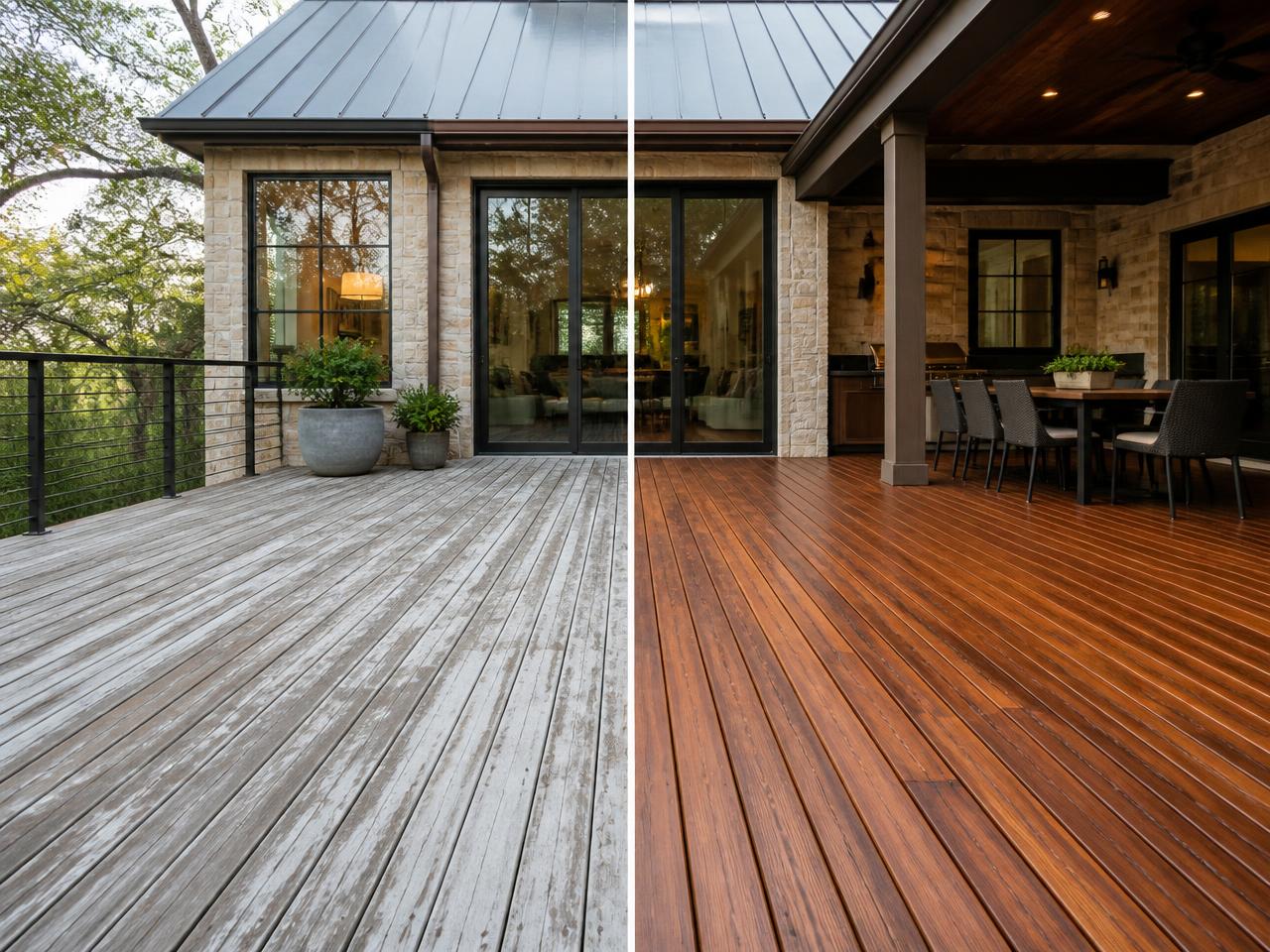 Before and after deck refinishing: weathered gray wood transformed to rich warm cedar stain in an Austin backyard