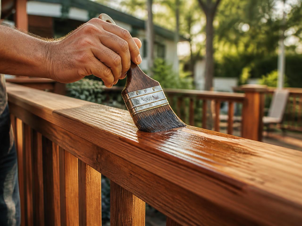Craftsman hand-applying rich wood stain to a deck railing during refinishing