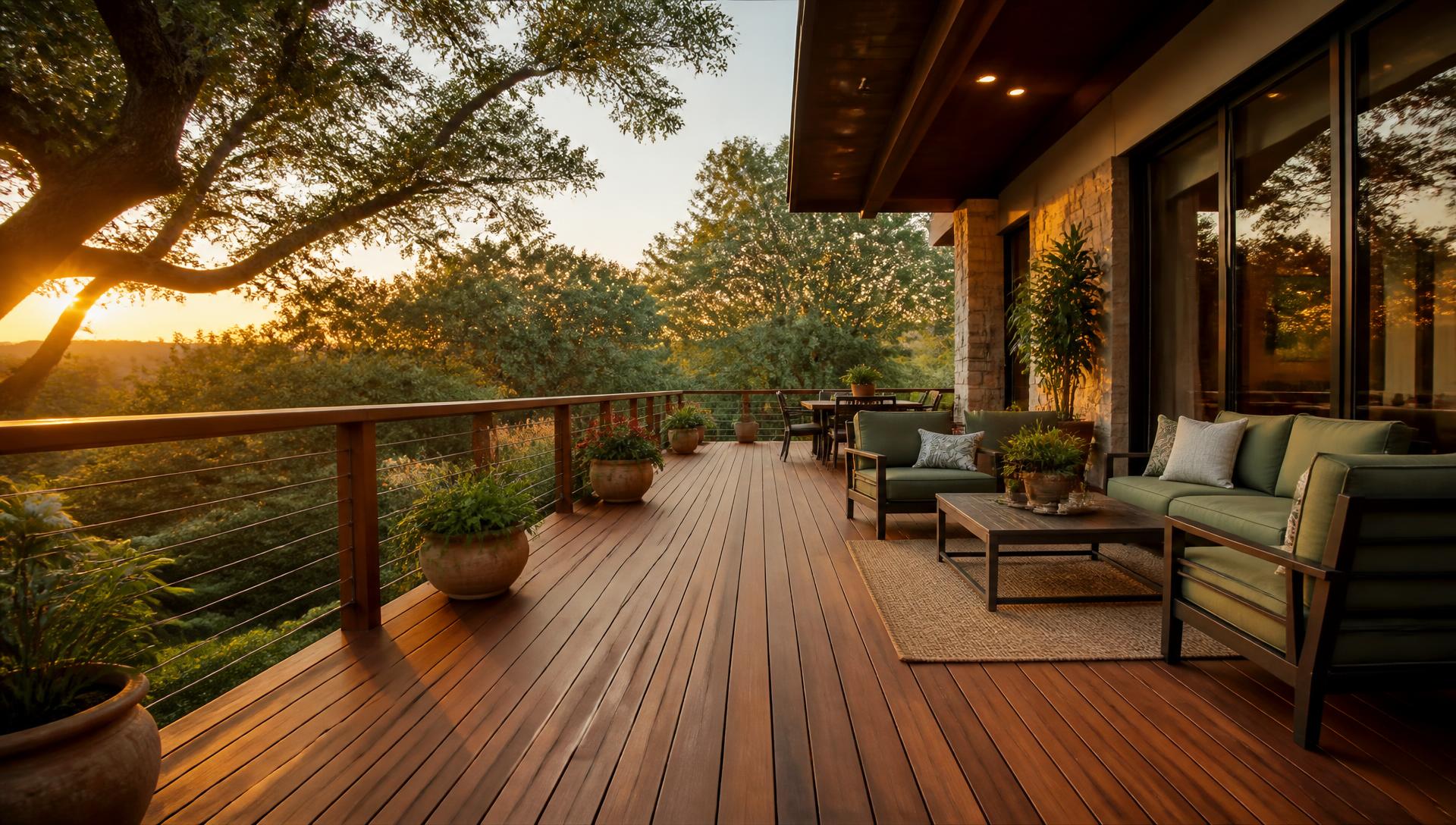 Freshly stained wood deck on an Austin home