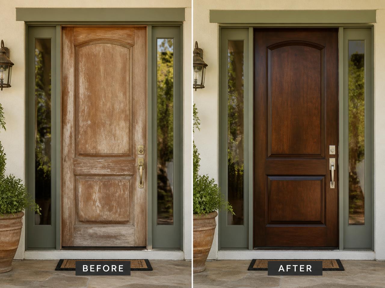 Before and after front door refinishing: weathered faded oak door transformed to rich warm walnut finish
