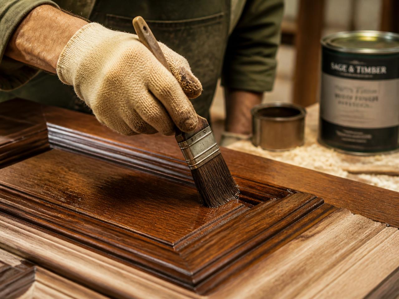 Craftsman hand-applying rich wood stain to a detailed front door panel during refinishing
