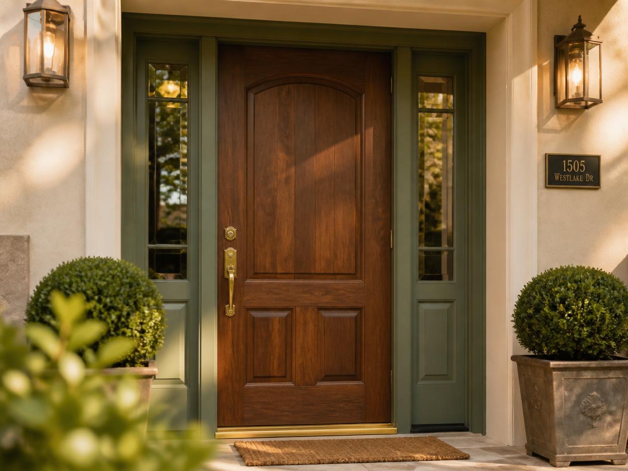 Refinished wood front door with rich stained finish