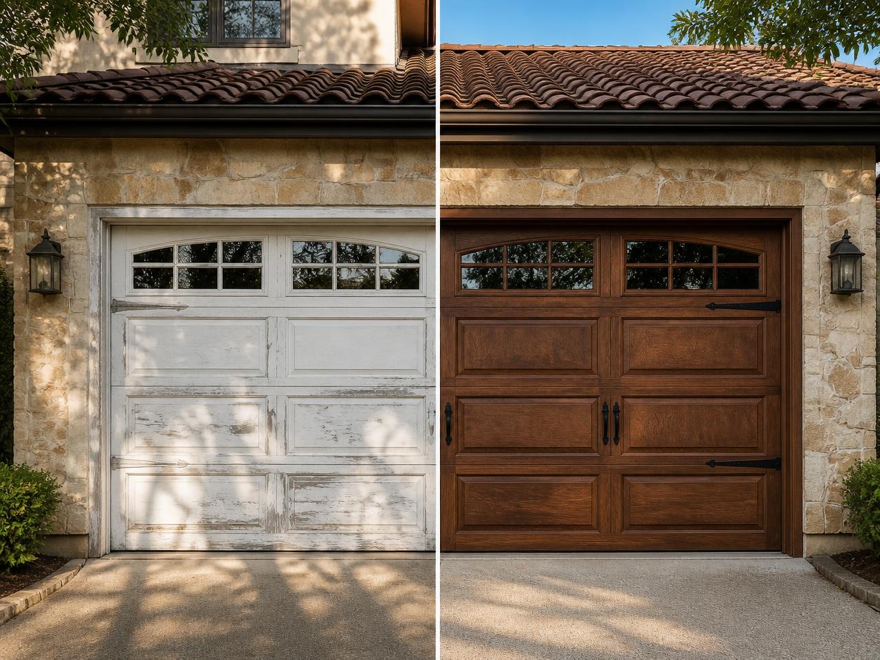 Before and after garage door refinishing: weathered faded white door transformed to rich warm walnut stain