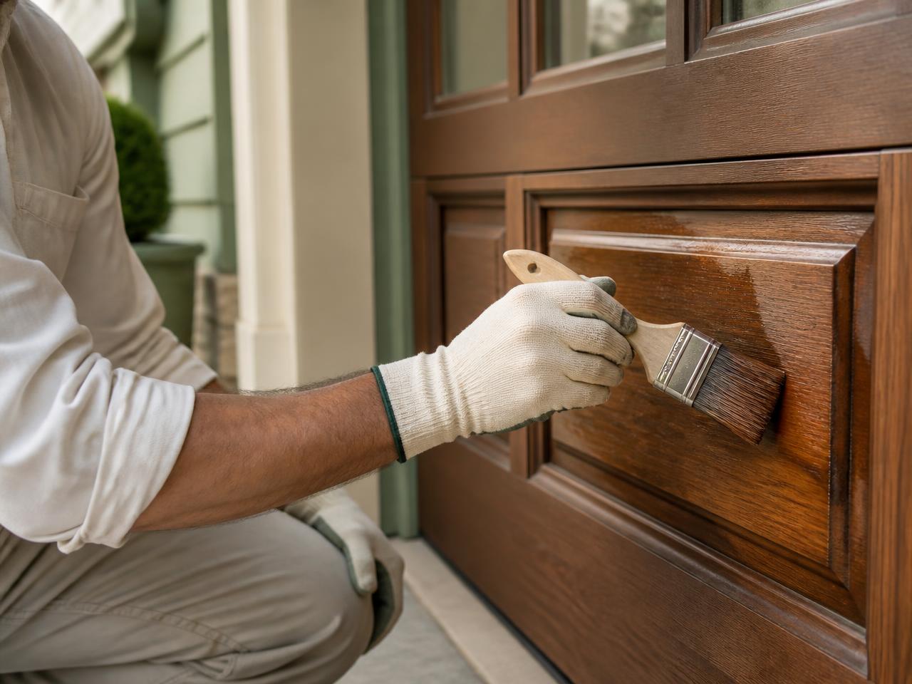 Craftsman hand-applying rich stain to a garage door panel during refinishing