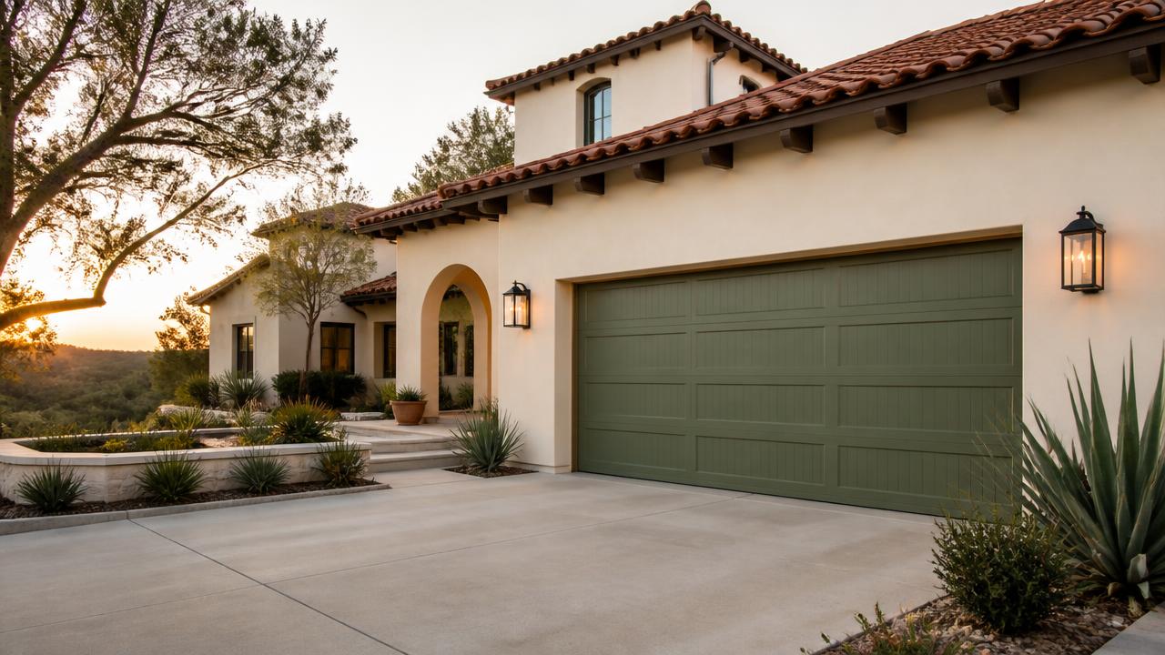 Stained wood garage door on a modern Austin home
