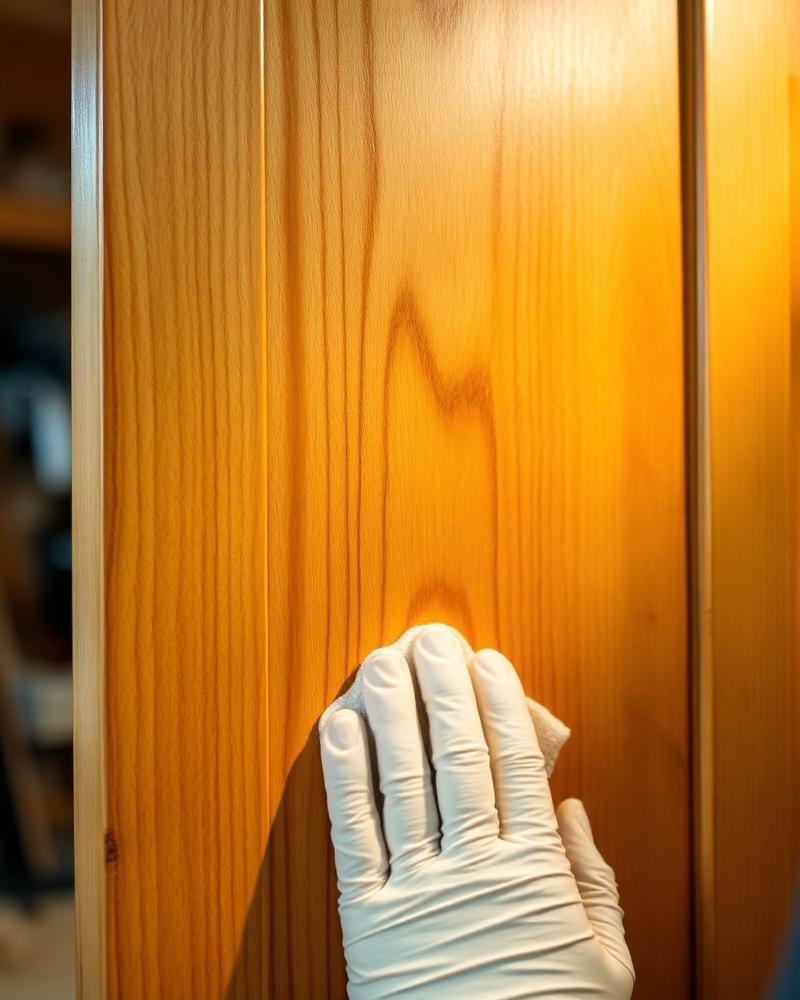 Refinished stained wood kitchen cabinets in an Austin home