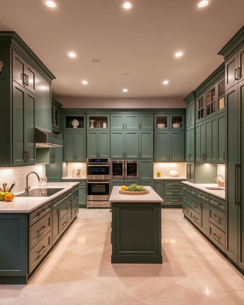 Completed luxury kitchen remodel with sage green cabinetry
